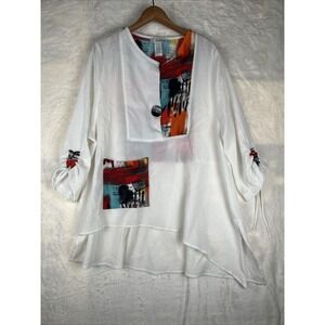 Moonlight Women's White Top L - 3069 Crinkle 3/4 Ruched Sleeve Relaxed Fit Tunic